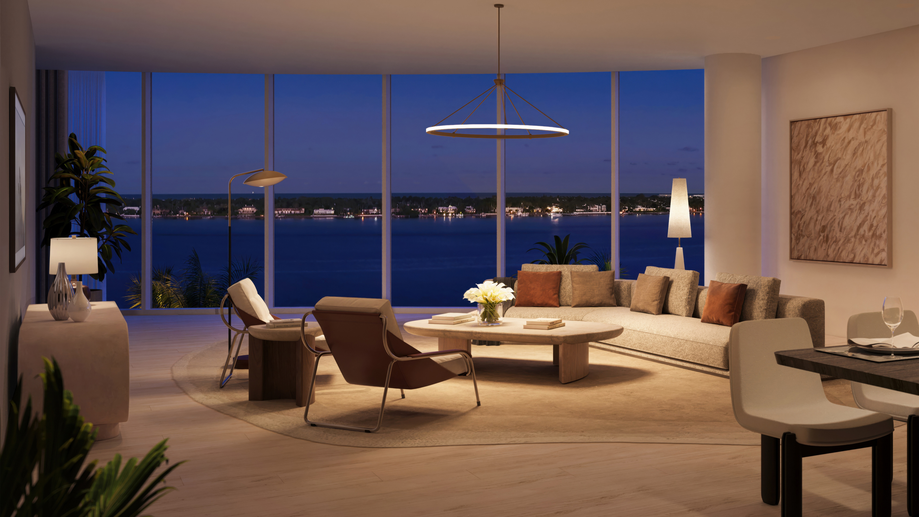 Shorecrest great room in the evening